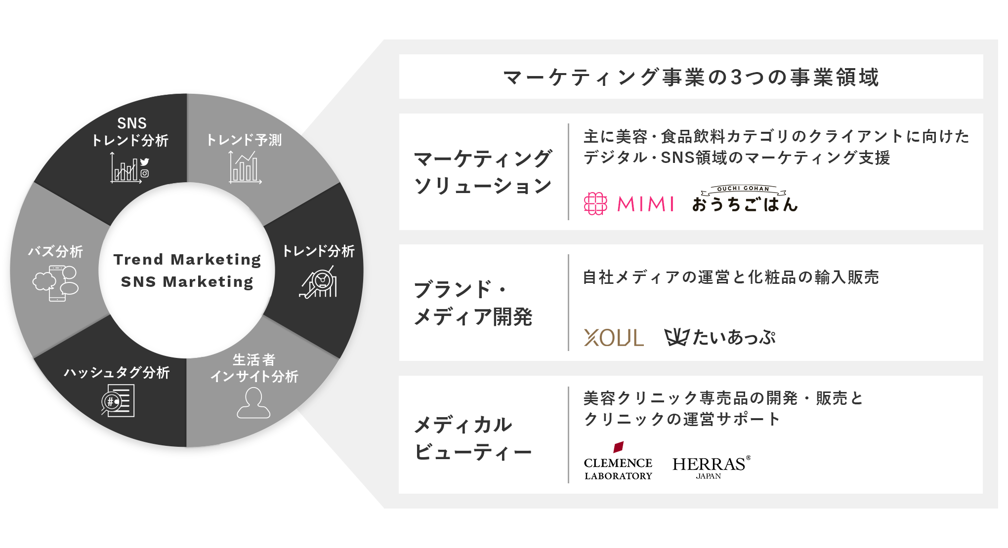 トレンド分析→インフルエンサーネットワーク→自社メディア→SNSの専門知識→顧客リレーション→多様な人材活用